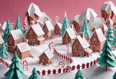 The primary subject of the image is a collection of gingerbread houses and trees, arranged in a village-like setting. The houses are made of candy and are placed on a white surface, which could be a paper or a canvas. The setting appears to be a winter scene, with the houses and trees covered in snow. The visual style of the image is a mix of digital art and illustration, creating a whimsical and festive atmosphere. The dominant colors are white, red, and green, which are associated with the